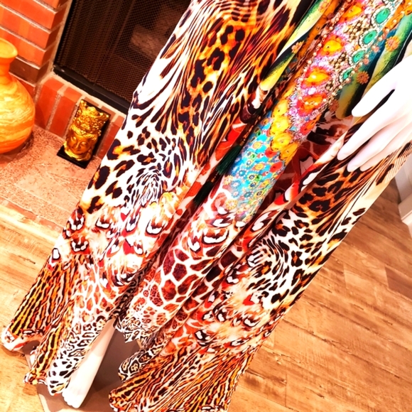 **LAST ONE***MANISH VAID Leopard Love Teal Orange Silk Hi-Lo Dress-NWT-OS - Picture 6 of 9